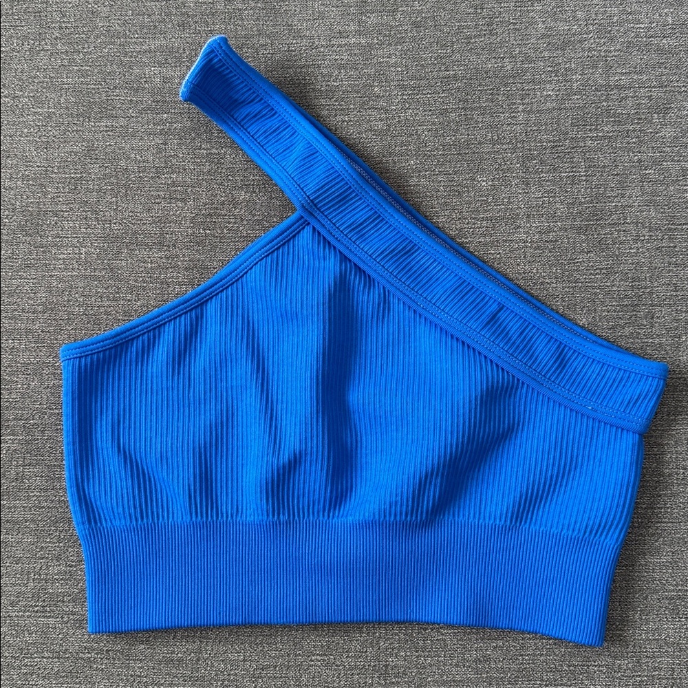 Womens Blue One-Shoulder Ribbed Sports bra. Size S